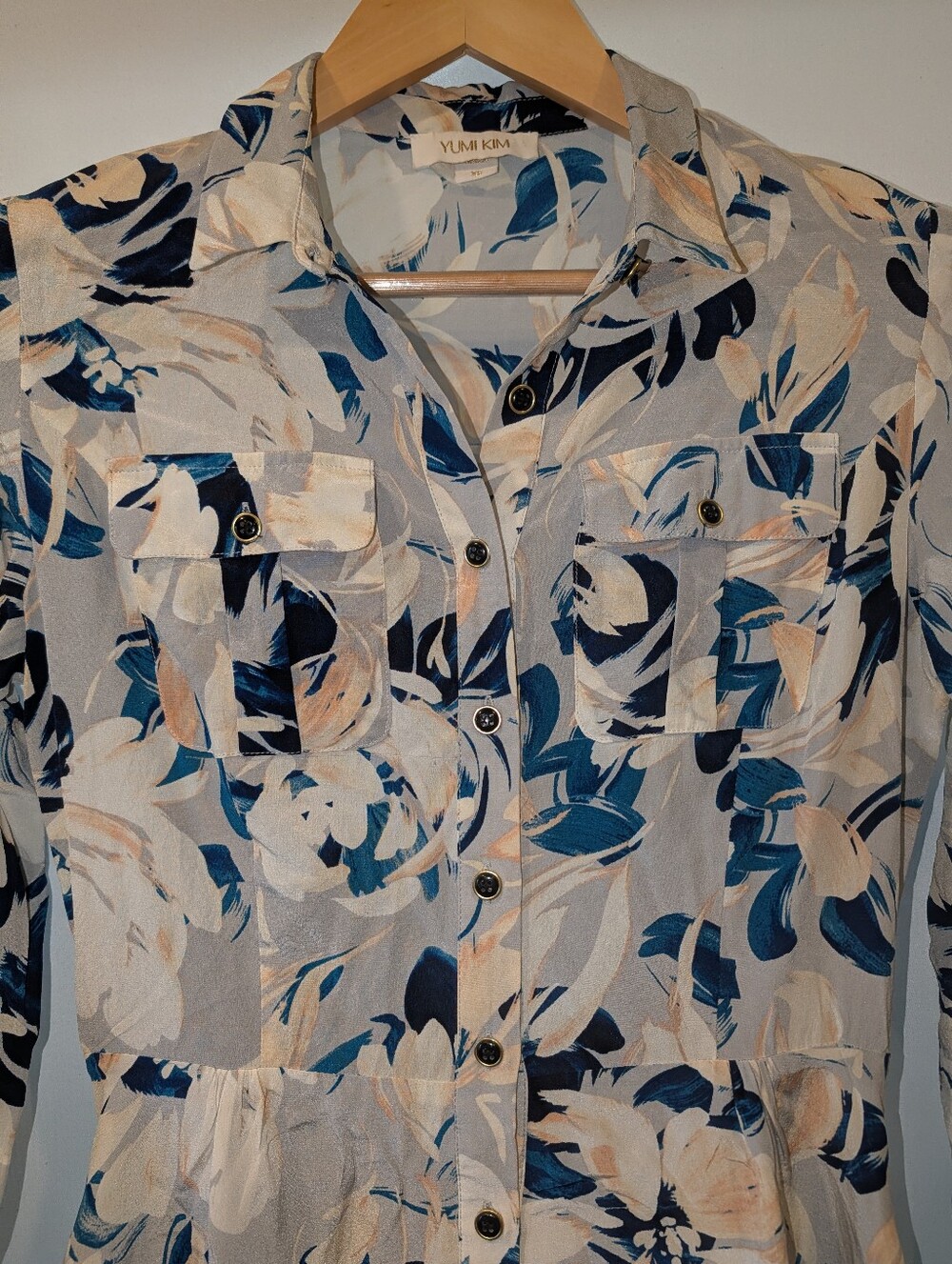 Yumi Kim Floral Silk Mini Button long sleeve shirt Dress Cream, Navy, Peach - Picture 2 of 8